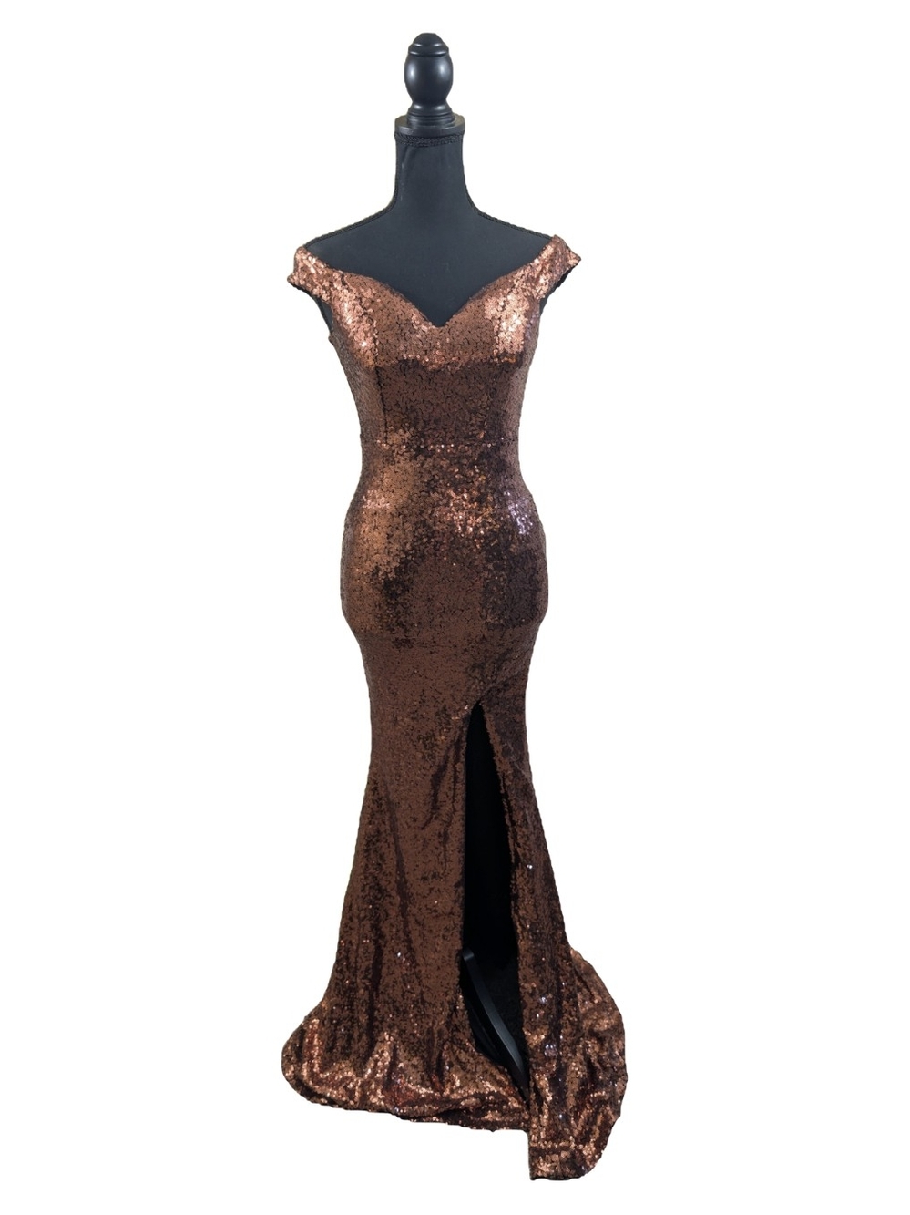 Windsor Copper Sequin Off-Shoulder Mermaid Gown with Front Slit